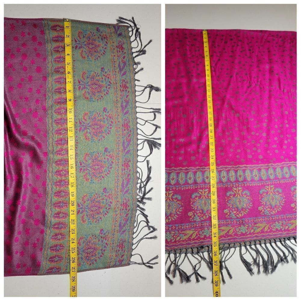 100% Cashmere Kani Shawl Scarf Vivid Pink Teal Blue with Fringe - Picture 2 of 12